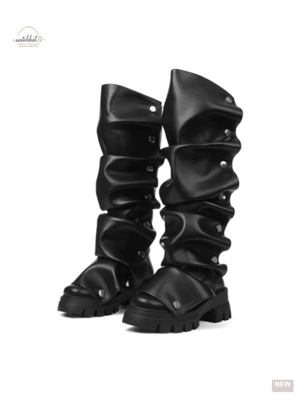 Platform Knee High Boots Fold Over Slouchy Ruched Stacked Heel Round Toe Pull
